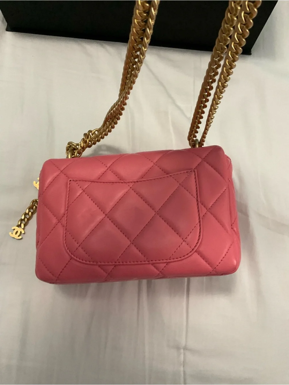 22P Pink Enamel Lambskin Quilted Pending CC Small Square Flap Aged Gold Hardware